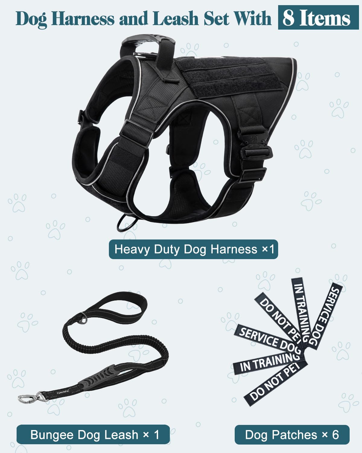Reflective Service Dog In Training Vest Harness Leash Set For Medium Large Dogs, Adjustable Heavy Duty Black Padded Dog Harness,